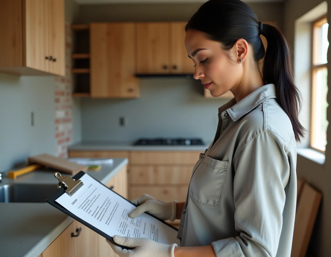 Femme examinant un plan de rénovation dans une cuisine en cours de travaux, avant transformation complète