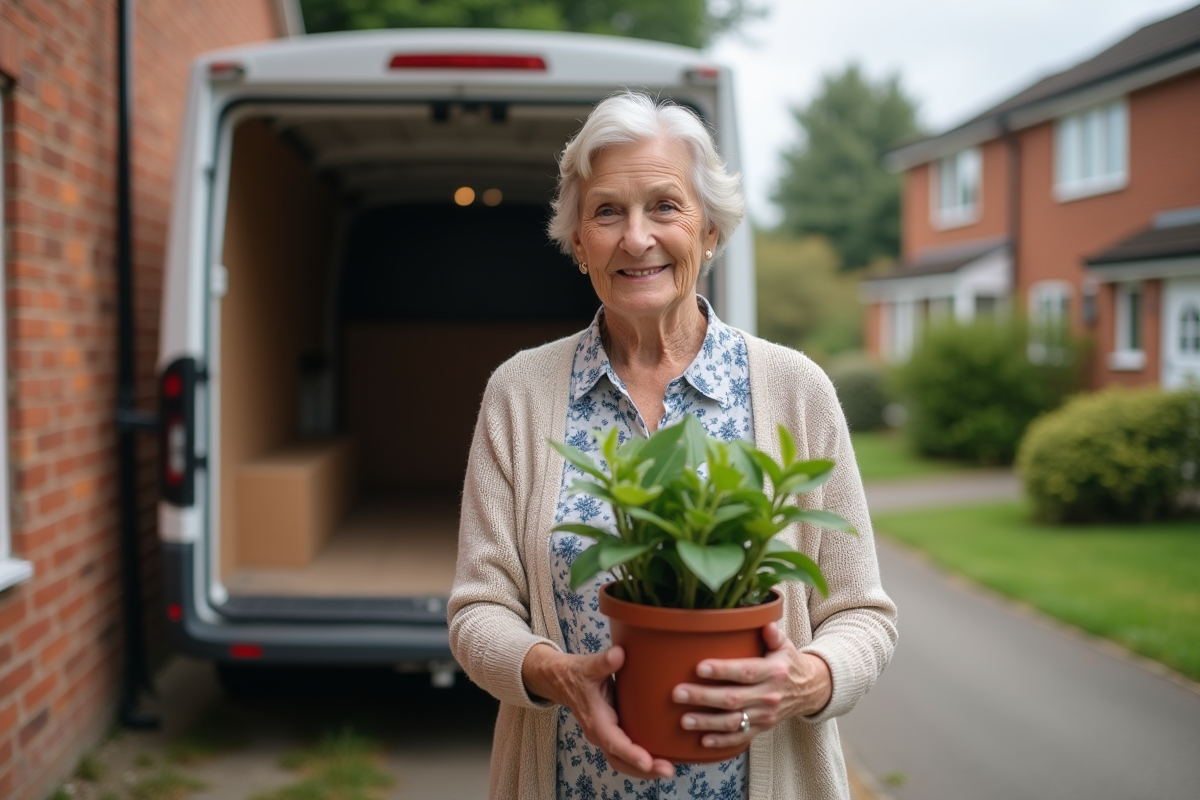 Femme âgée portant une plante devant une maison de banlieue