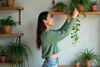 Jeune femme ajustant une plante verte dans un salon moderne