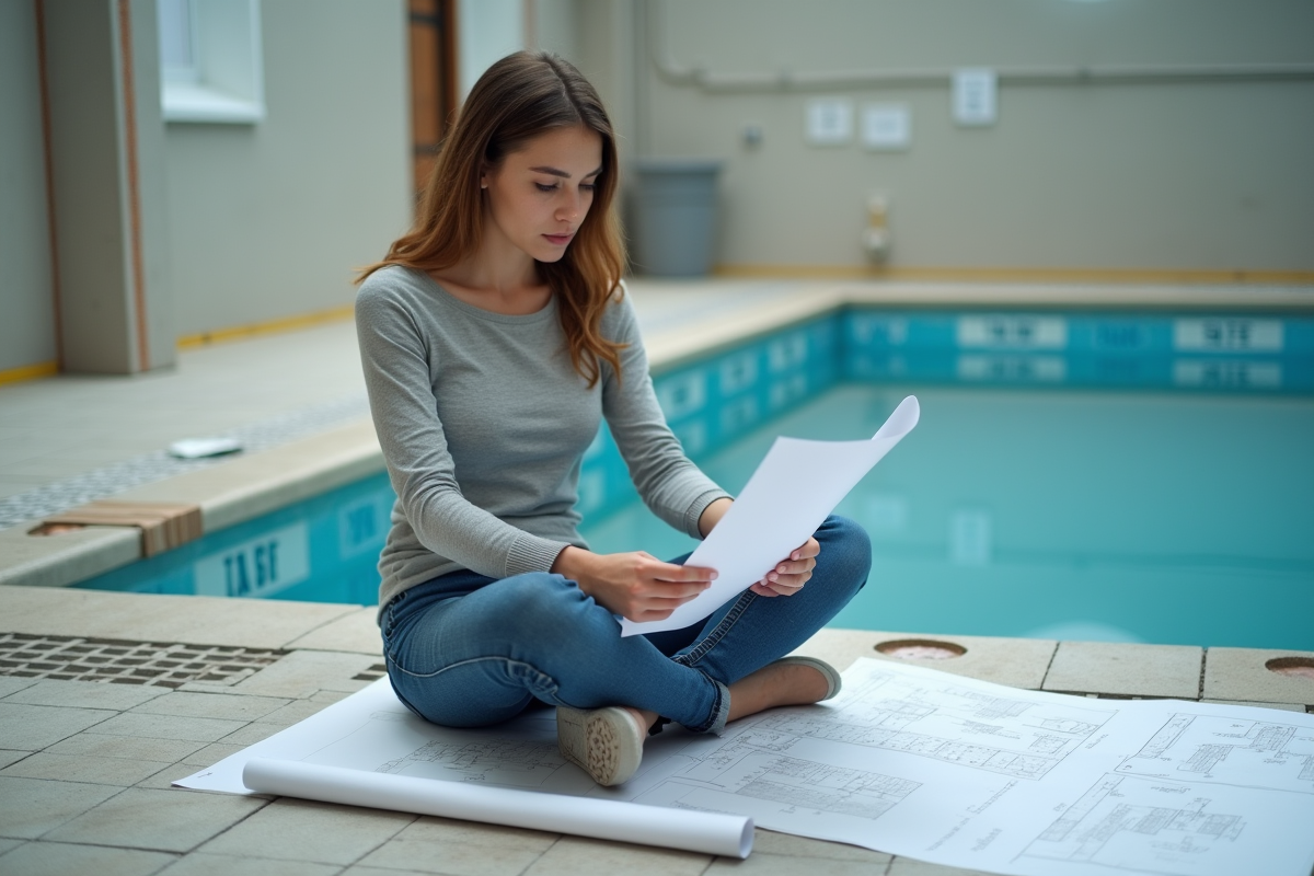 Jeune femme examinant des plans au fond de la piscine en rénovation