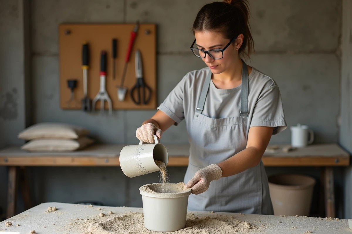 Femme versant de l'eau dans un seau de mortier fait maison dans un garage de rénovation DIY