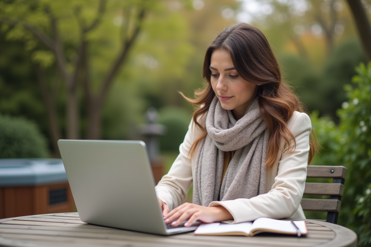 Femme recherche des offres de spa en extérieur