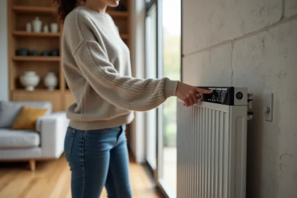 Femme ajustant un radiateur &eacute;lectrique moderne dans un salon