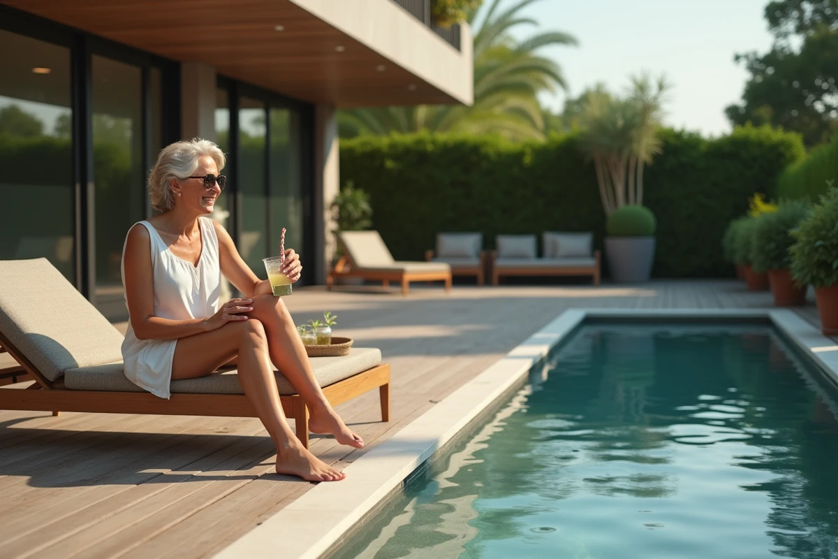 Femme détendue sur terrasse près de la piscine