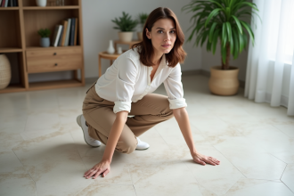 Femme examine un carrelage en porcelaine moderne dans un salon minimaliste