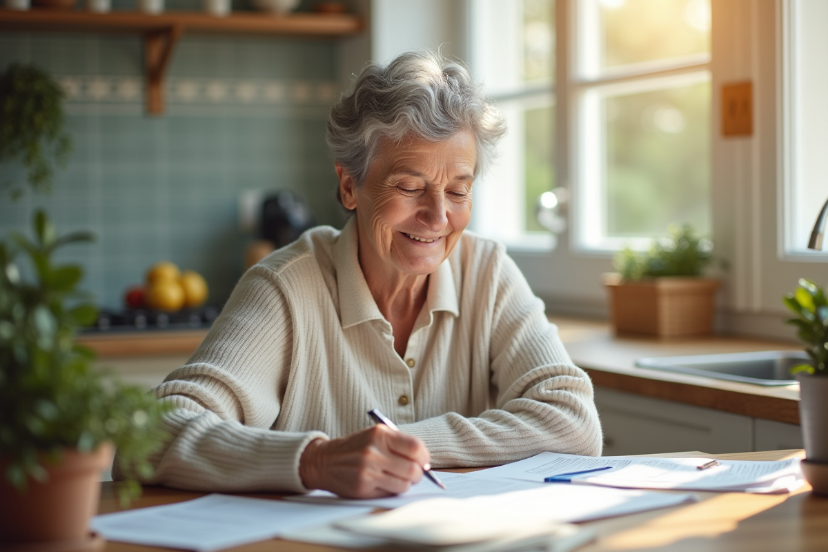 Femme senior souriante lisant des papiers dans la cuisine lumineuse