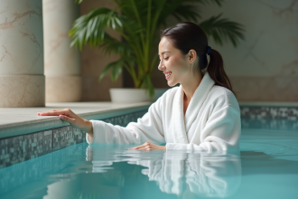 Femme en robe spa blanche dans une piscine relaxante