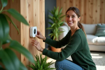 Femme ajustant un thermostat intelligent dans un salon écologique
