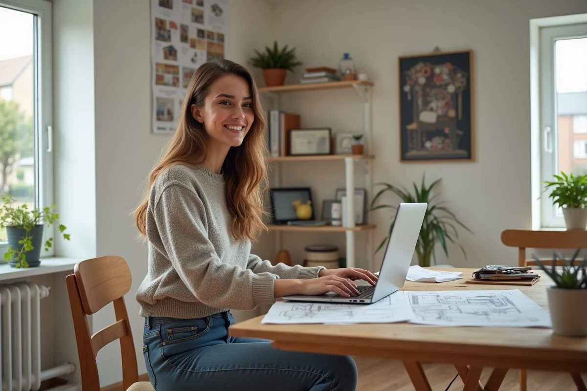 Jeune femme au bureau organise des plans de rénovation sur son ordinateur