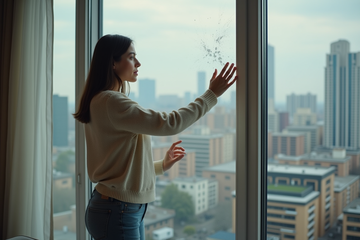Jeune femme examinant une vitre dans un intérieur moderne