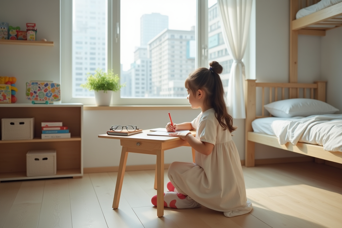 Fille de huit ans dessinant à son bureau dans une chambre moderne urbaine