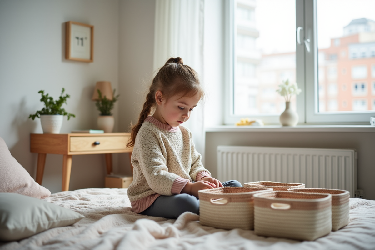 Fille trient ses jouets dans sa chambre propre et moderne