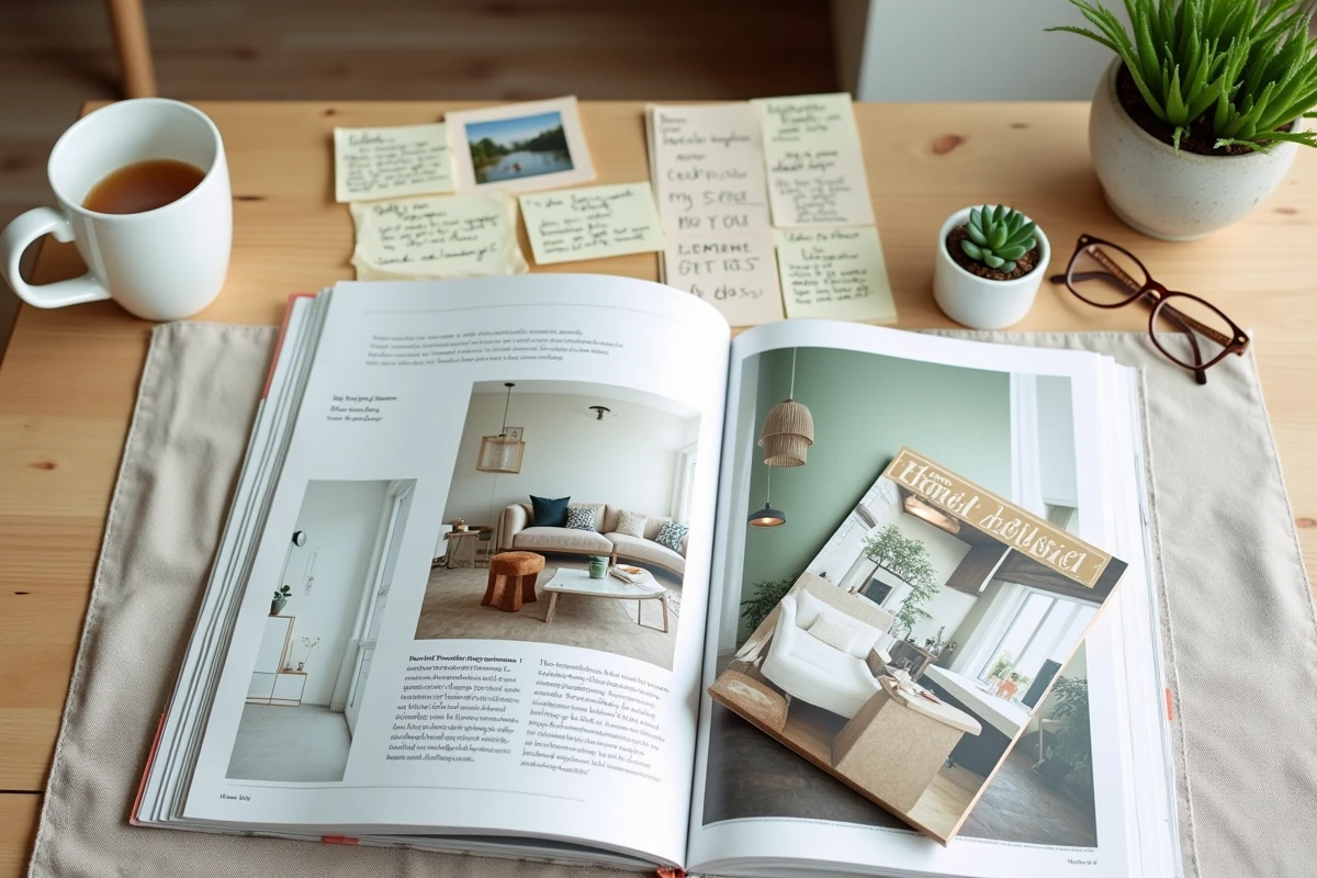 Flat lay de plusieurs numéros d'un magazine maison sur un bureau en bois avec accessoires de décoration