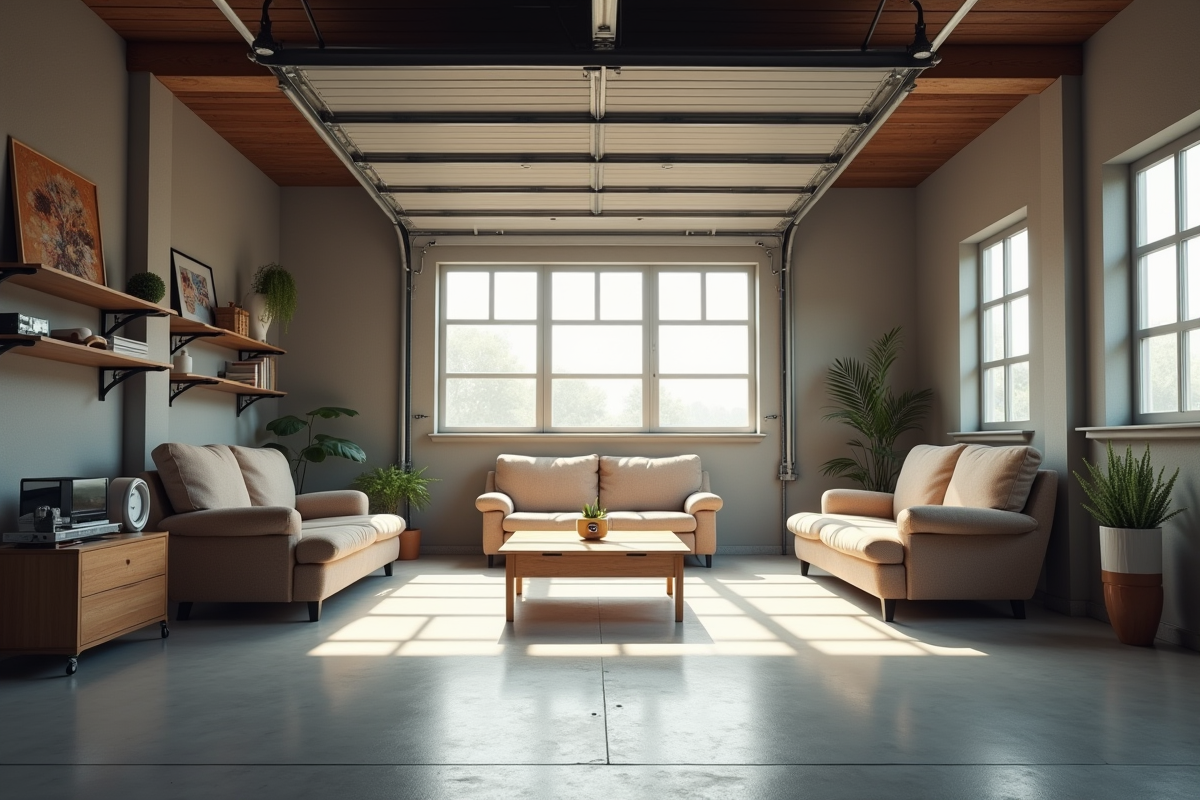 Garage spacieux avec chaises et étagères pour rangement