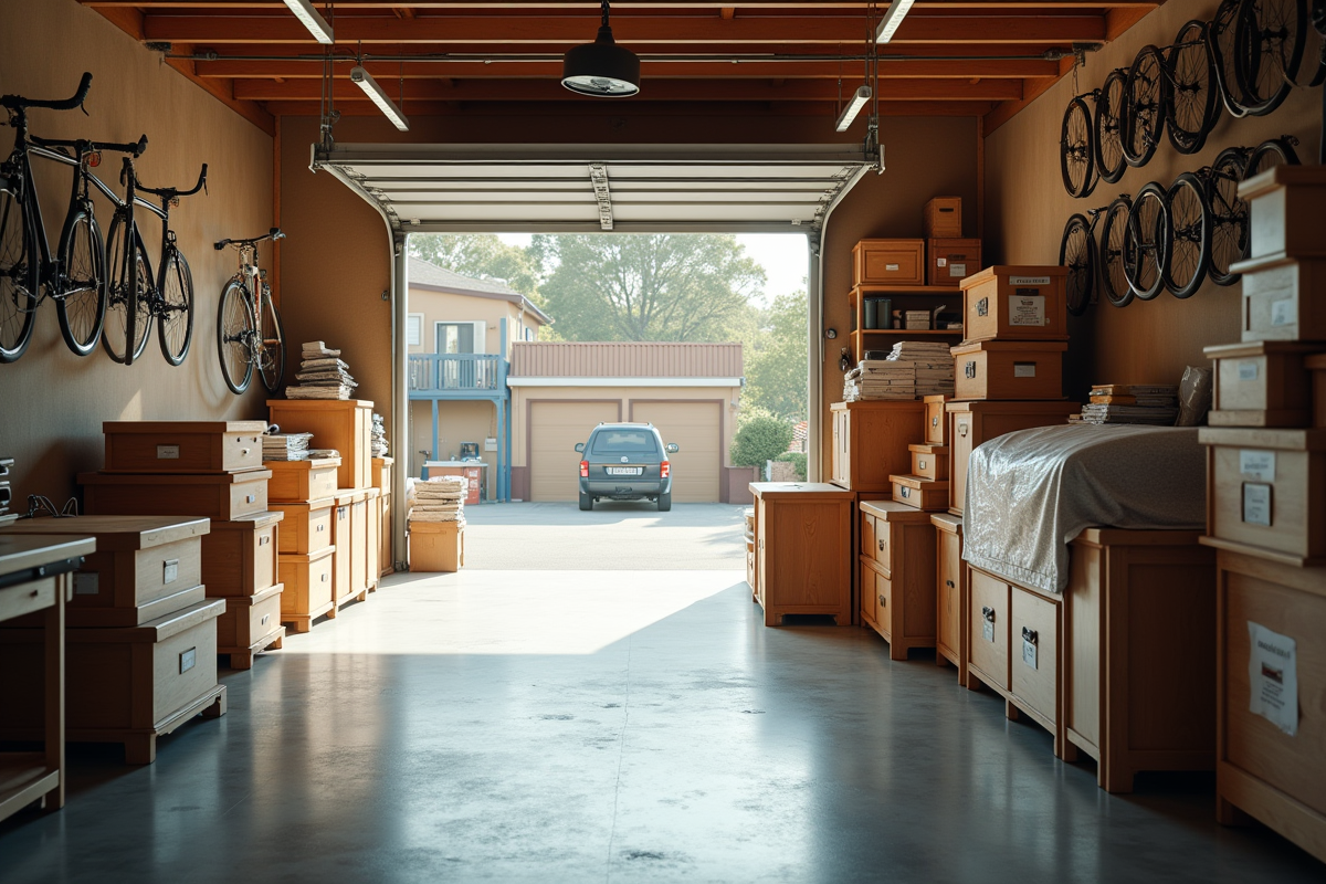 Intérieur d'un garage rangé avec meubles en bois et vélos