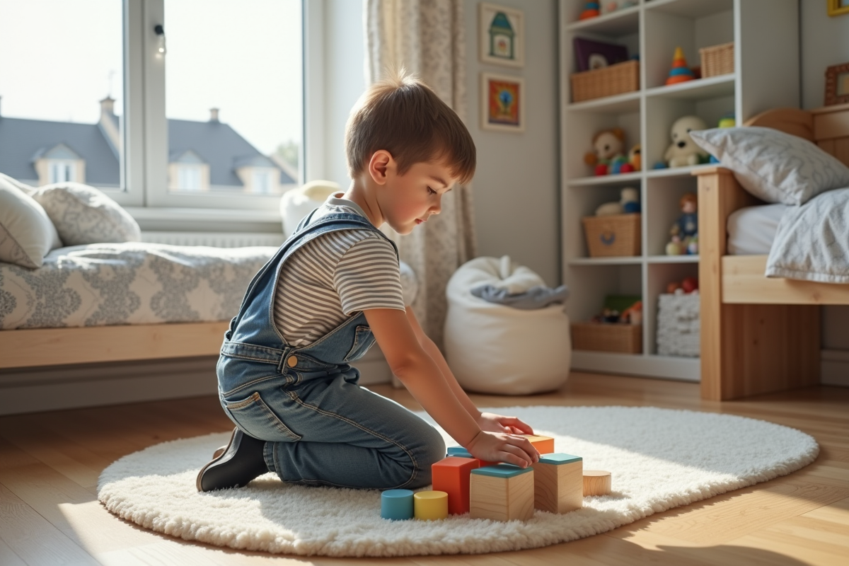 Garçon de six ans en salopette en jean jouant avec des blocs en bois dans sa chambre