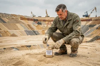 Géologue prélevant un échantillon de sable dans une carrière à ciel ouvert pour analyser la densité et le poids au m3