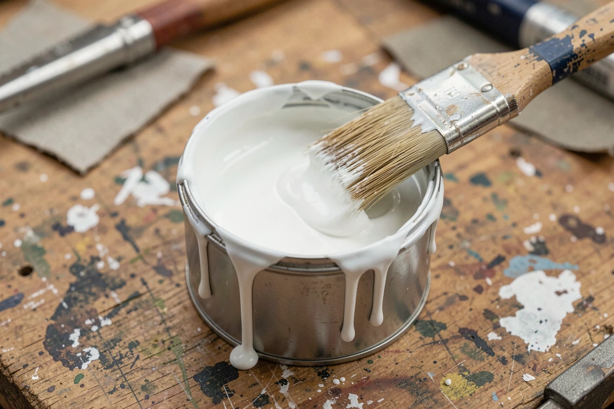 Gros plan d'une boîte de peinture Action blanche ouverte avec pinceau usagé sur un établi de bricolage