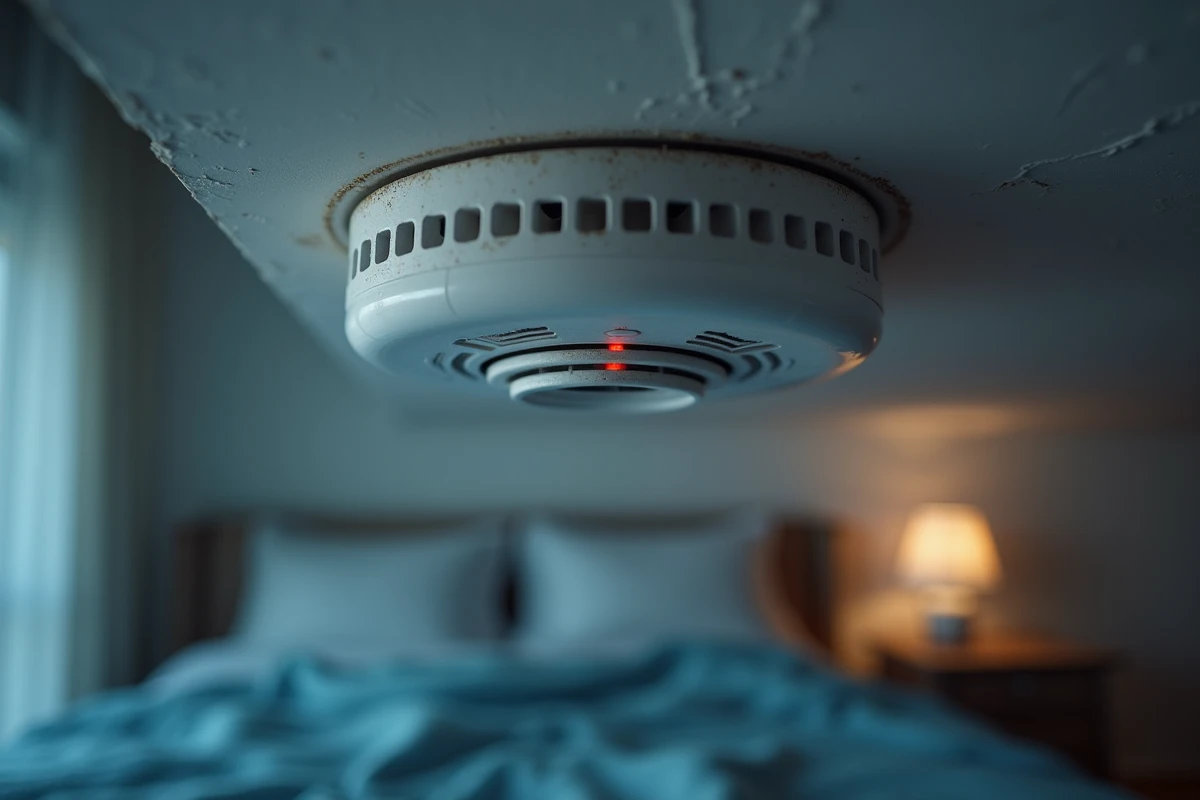 Gros plan d'un détecteur de fumée au plafond avec LED rouge allumée dans une chambre sombre
