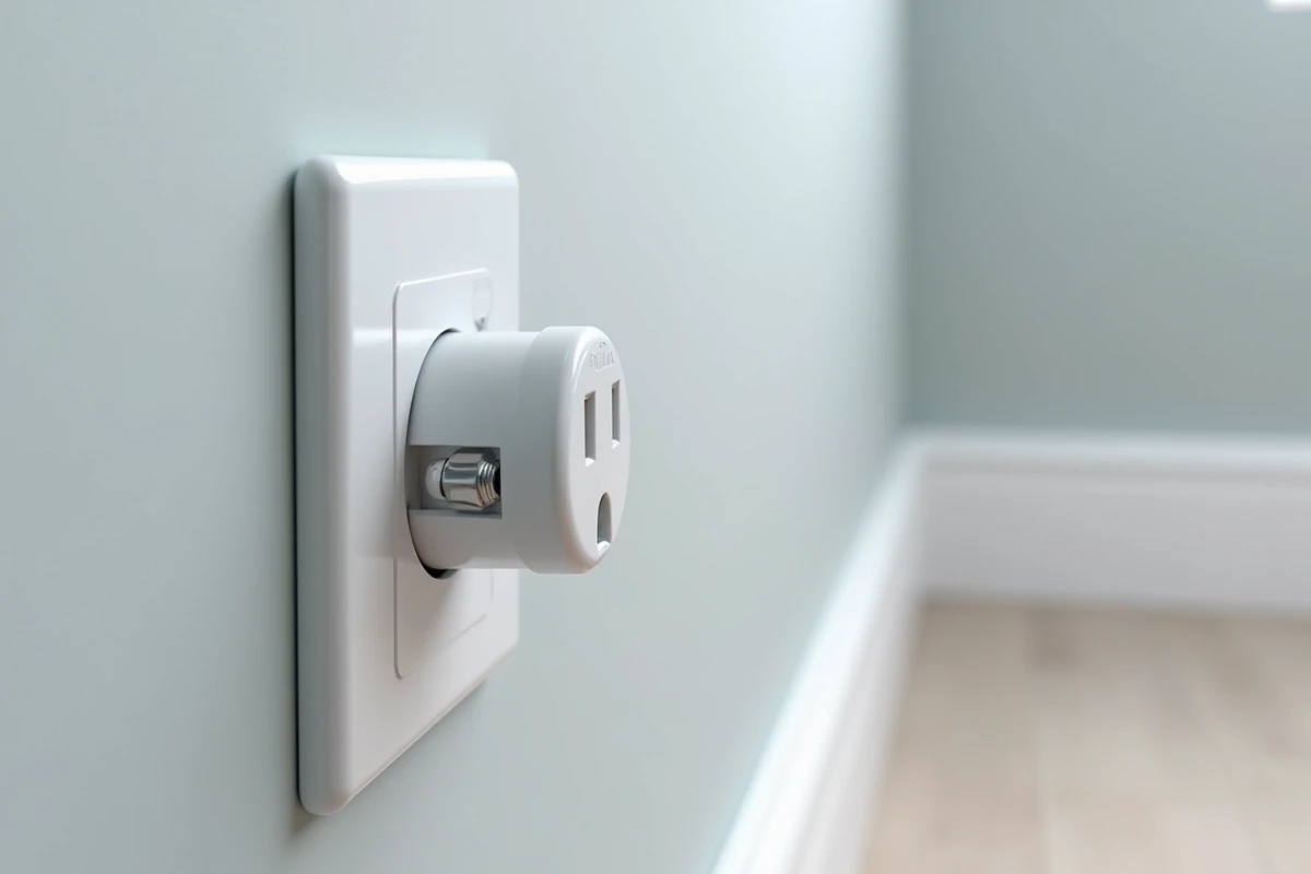 Gros plan sur une prise électrique double montée dans une goulotte PVC blanche fixée au mur