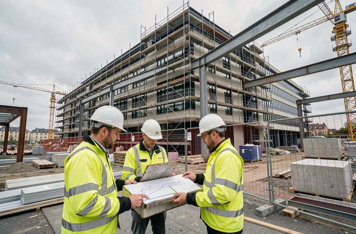 Chantier de grande envergure du Groupe NGE avec ingénieurs en gilets fluorescents et grues sur un immeuble rénové