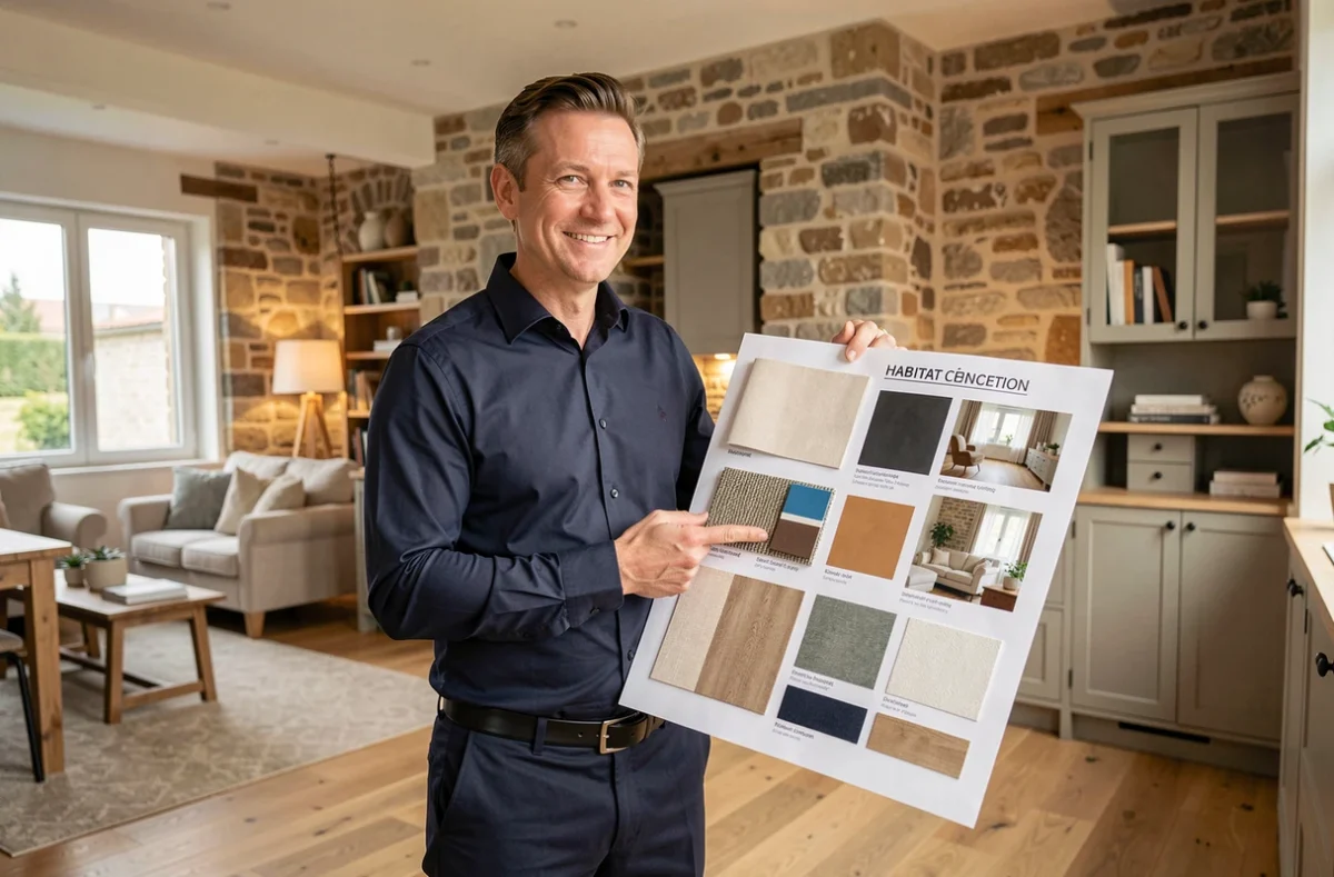 Consultant Habitat Concept Rénovation présentant un tableau d'ambiance dans un salon rénové avec mur en pierre et parquet chêne