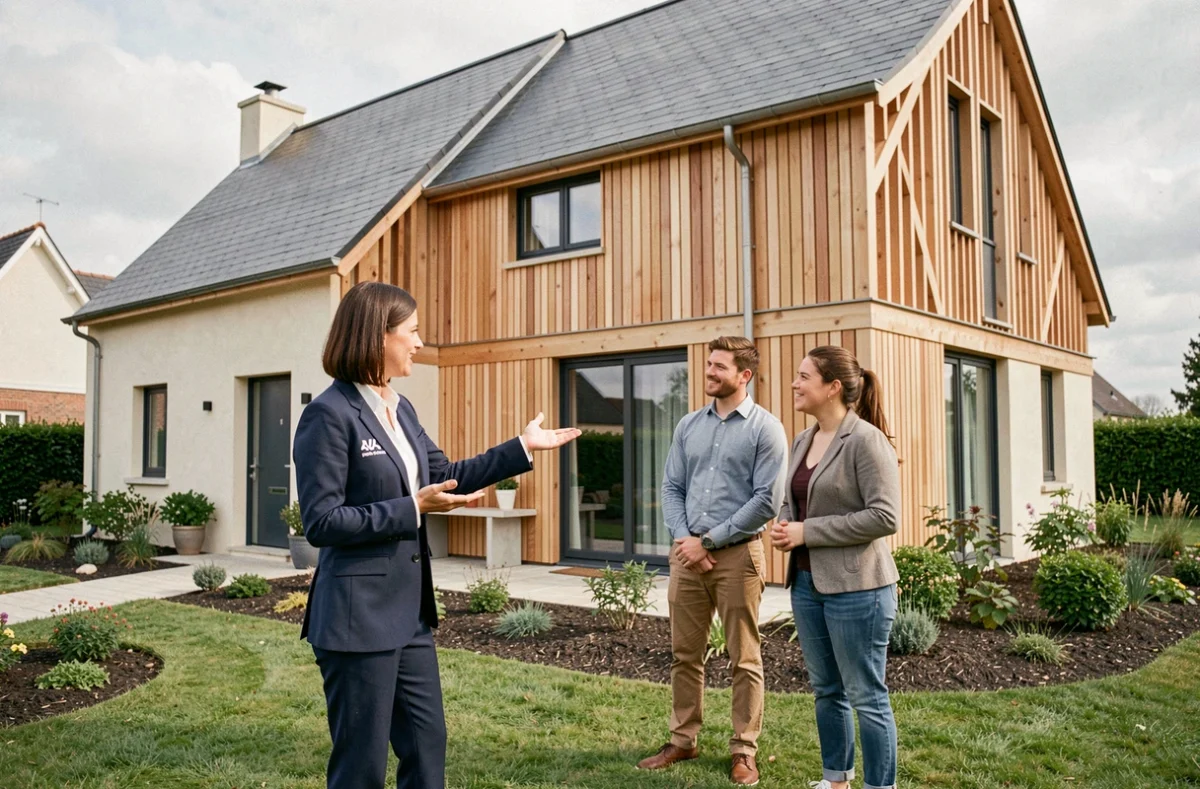 Conseillère Hexaom présentant une maison à ossature bois neuve à un couple de propriétaires en Seine-Maritime