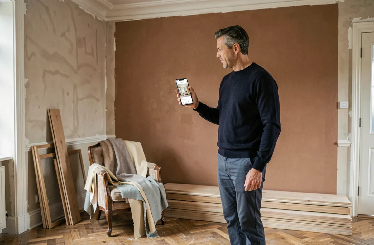 Homme comparant les suggestions de l'application déco Raffinement-et-habitat.fr avec les matériaux de rénovation de son salon en travaux