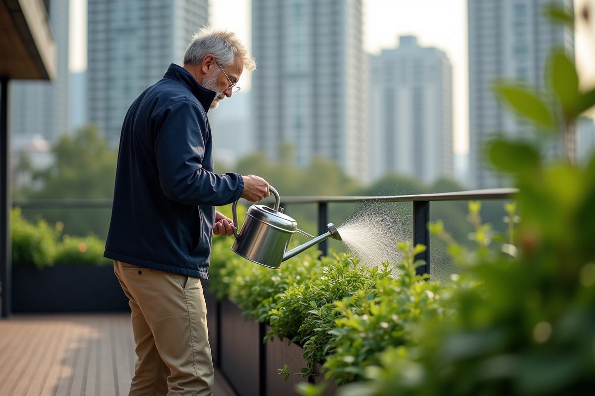 Homme arrosant ses plantes sur un balcon urbain