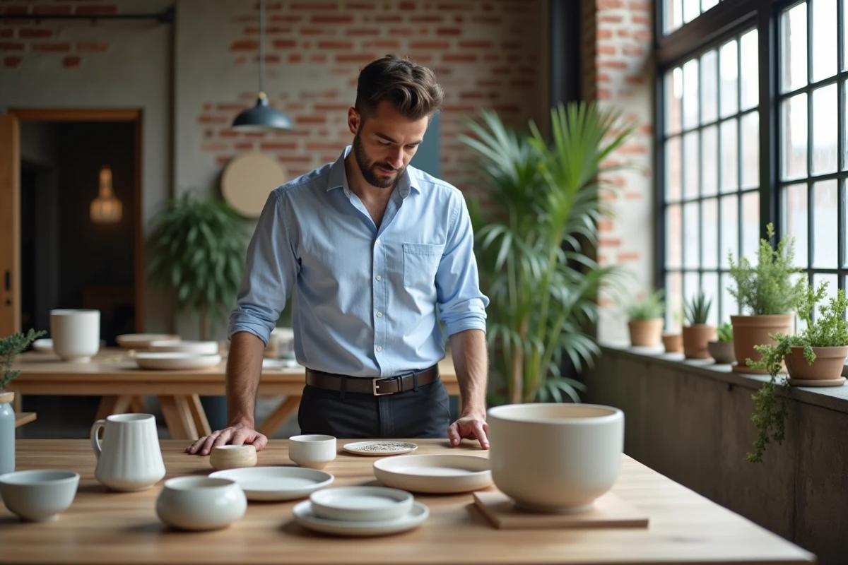 Jeune homme explorant des échantillons de céramique dans un studio