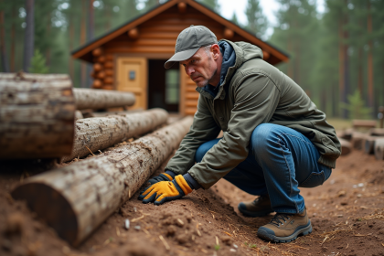 Homme d'âge moyen inspectant la base d'une cabane en rondins