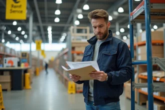Jeune homme dans un magasin de bricolage examine des documents