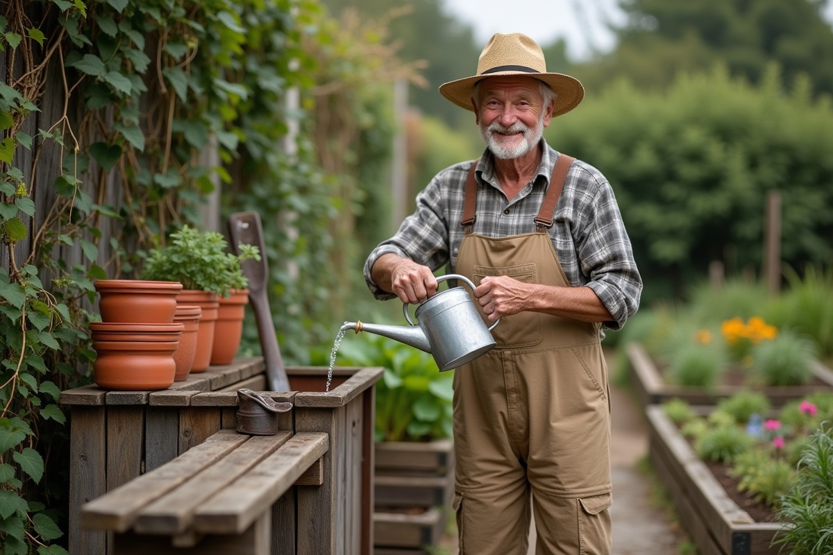 Homme âgé mélangeant une solution de vinaigre dans un arrosoir dans le jardin