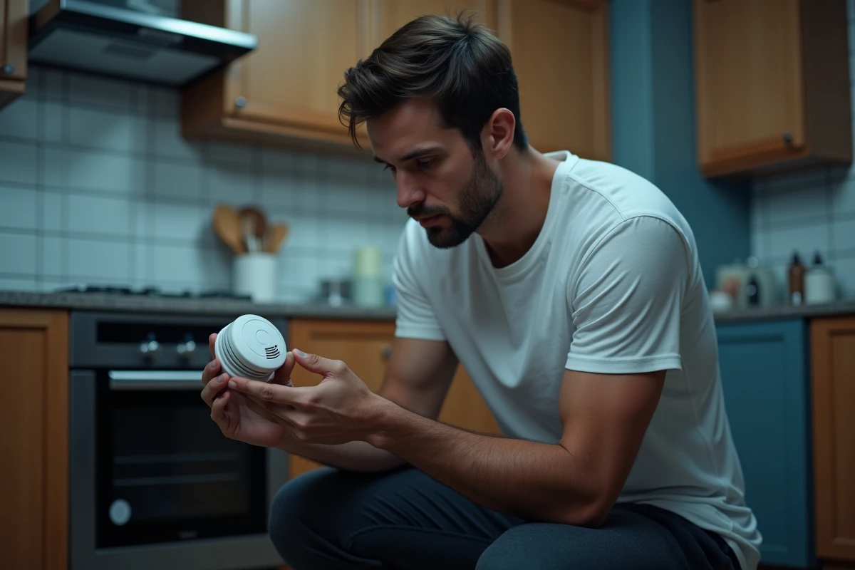 Homme en cuisine la nuit qui examine un détecteur de fumée décroché du plafond