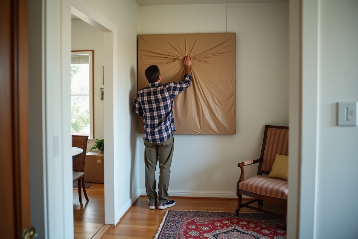 Homme portant une peinture emballée dans un intérieur organisé