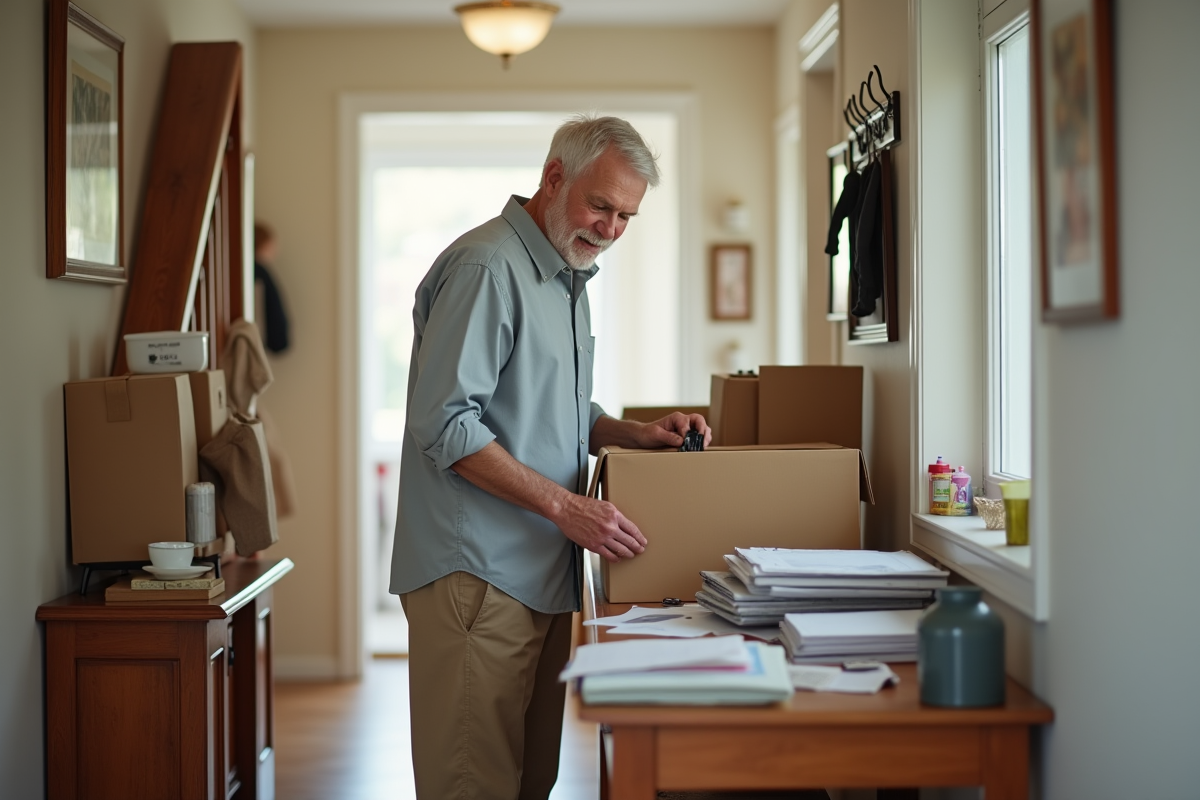 Homme âgé étiquette des boîtes dans l