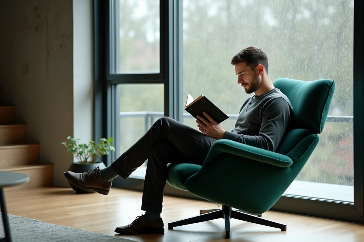 Homme lisant dans un fauteuil ergonomique vert en velours près d'une fenêtre dans un appartement scandinave minimaliste