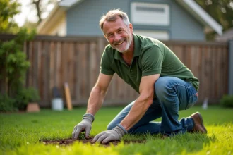 Homme en jeans vert appliquant fertilisant bio dans son jardin