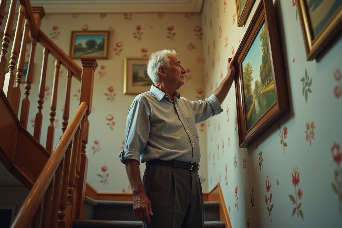 Homme âgé admirant un tableau dans un couloir vintage