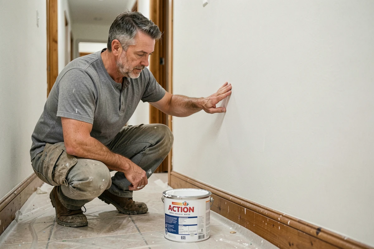 Homme inspectant la qualité de finition de la peinture Action blanche séchée dans un couloir de maison