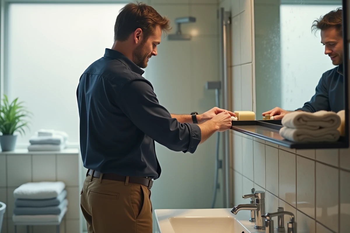 Homme fixant un porte-savon sur une &eacute;tag&egrave;re de salle de bain