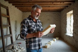 Homme d'âge moyen examinant l'isolation dans une vieille maison