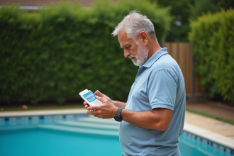 Homme d'âge moyen vérifiant l'étiquette de chlore piscine