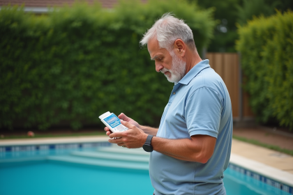 Homme d'âge moyen vérifiant l'étiquette de chlore piscine