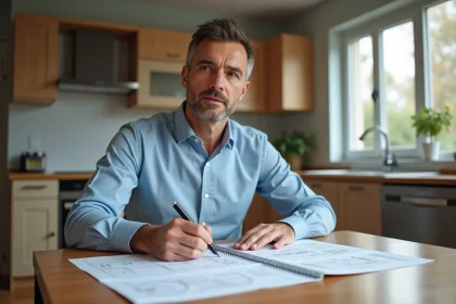 Homme d'âge moyen étudie des plans de construction dans une cuisine moderne