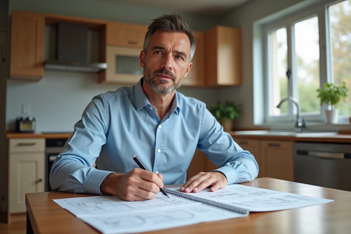 Homme d'âge moyen étudie des plans de construction dans une cuisine moderne
