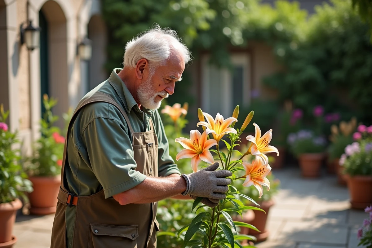 Homme âgé examinant et retirant des lys fanés dans le jardin