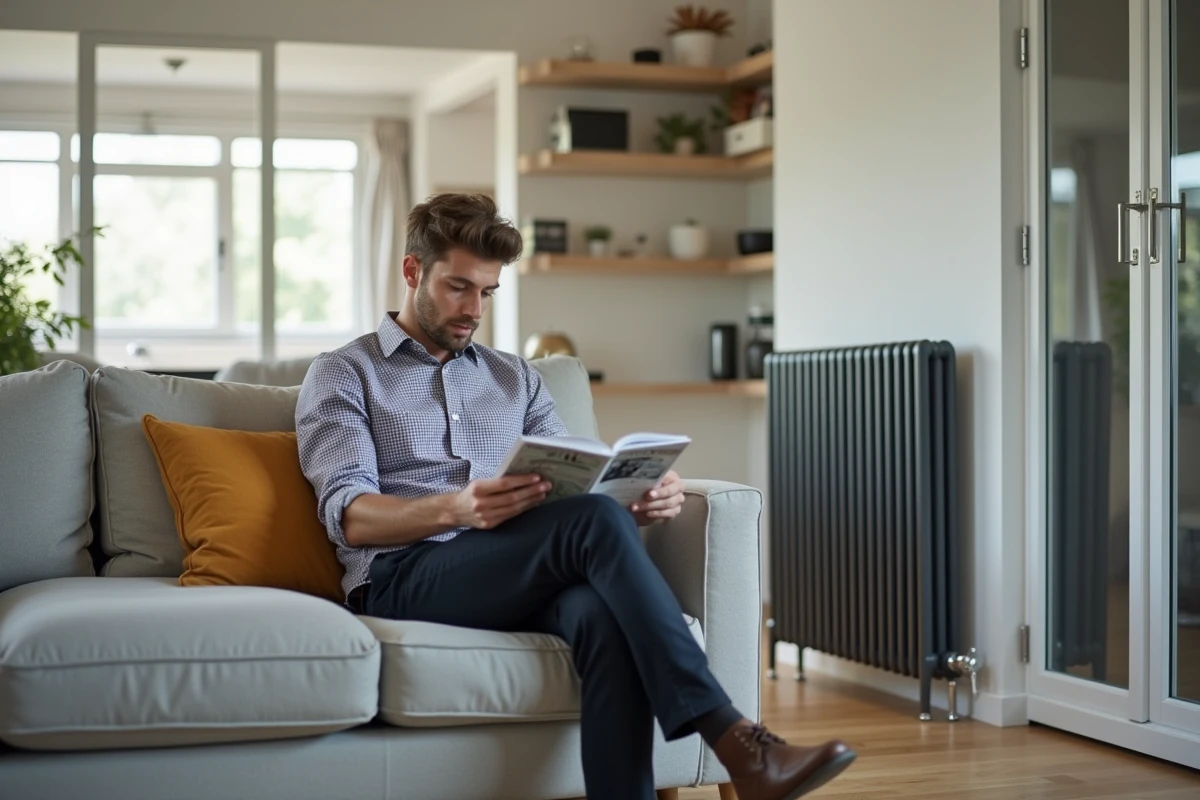 Jeune homme lisant un magazine pr&egrave;s d&rsquo;un radiateur moderne