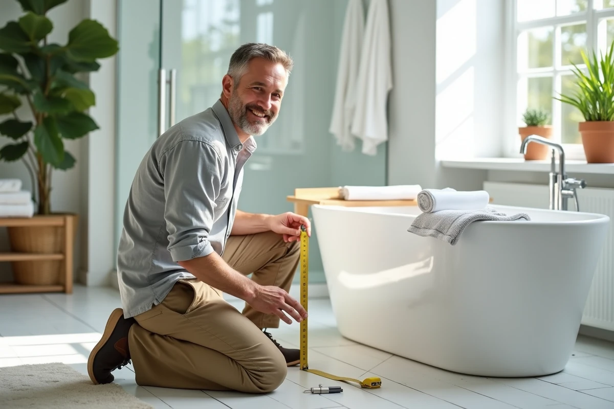Homme mesure une baignoire dans une salle de bain lumineuse
