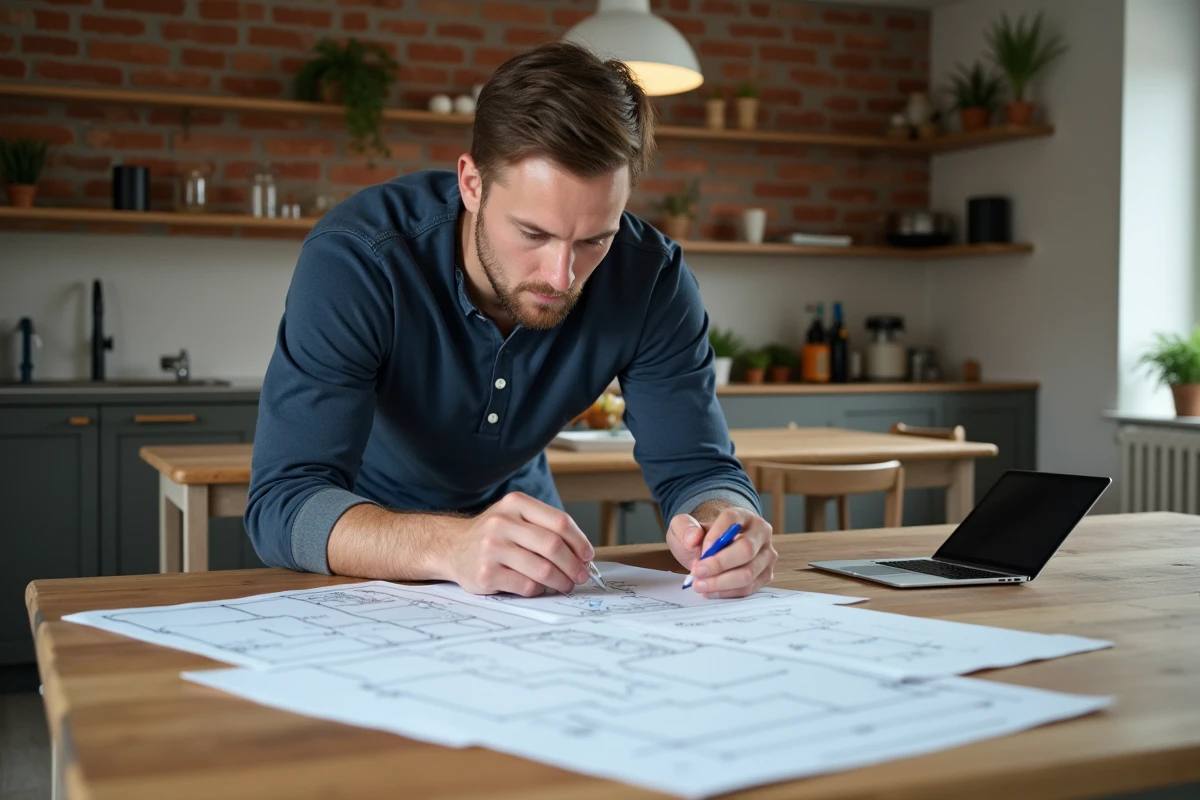 Homme consultant des plans de maison imprimés et une application 3D sur tablette pour réorganiser son projet de construction